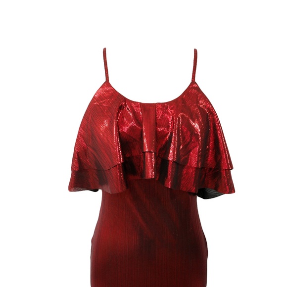 Red Metallic Ruffle Bodycon Midi Dress - Picture 6 of 8